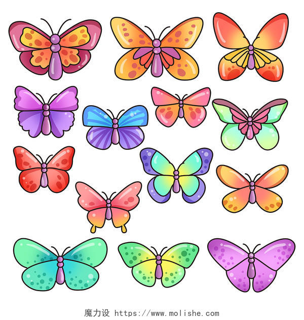 卡通动物翩翩起舞的蝴蝶美丽组合图插画素材png
